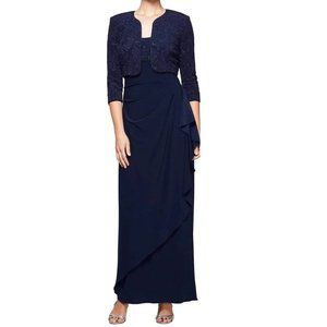 Alex Evenings Square Neck Sheath Gown w/ Bolero Jacket | Size 14 | Navy Blue